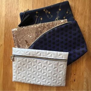 Ipsy Glam Bags, set of four Blue, Gold Tone and White